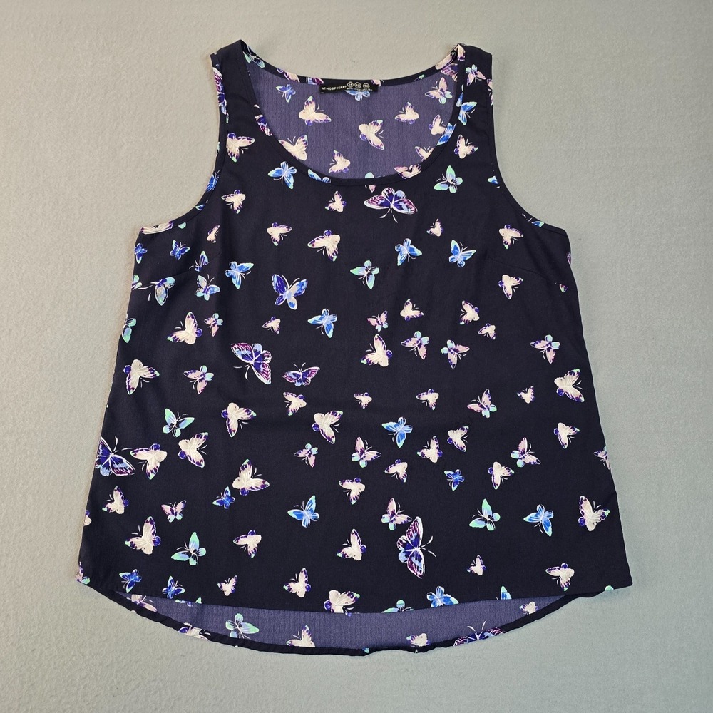 Atmosphere Butterfly Print Tank Top Navy Blue Sheer Women's Size 14